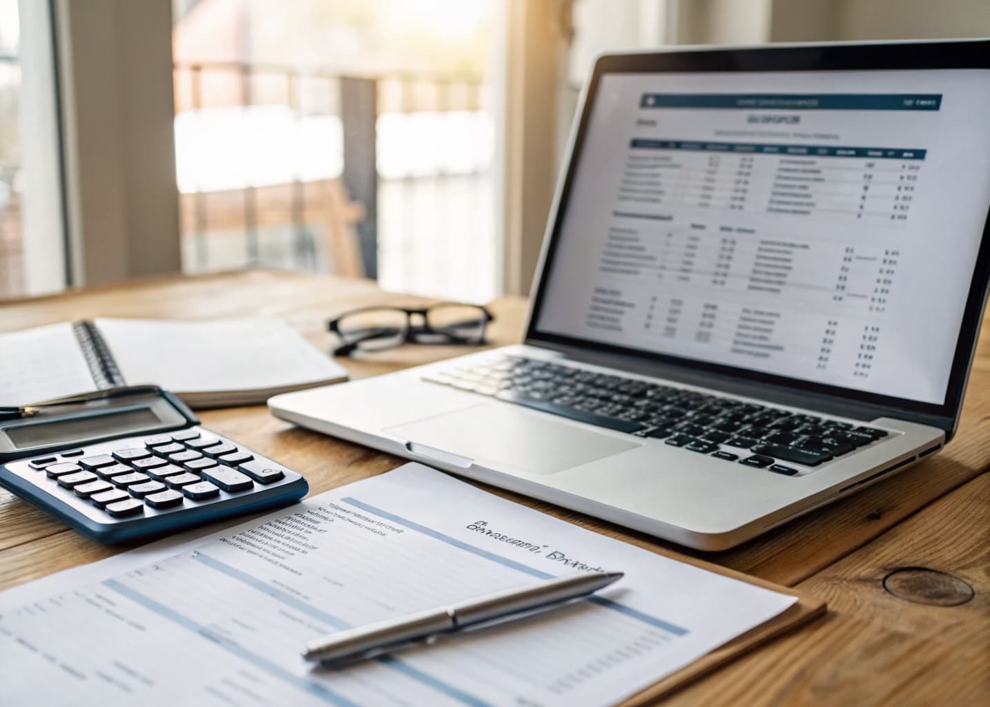 Bank statement reconciliation workspace with laptop and calculator