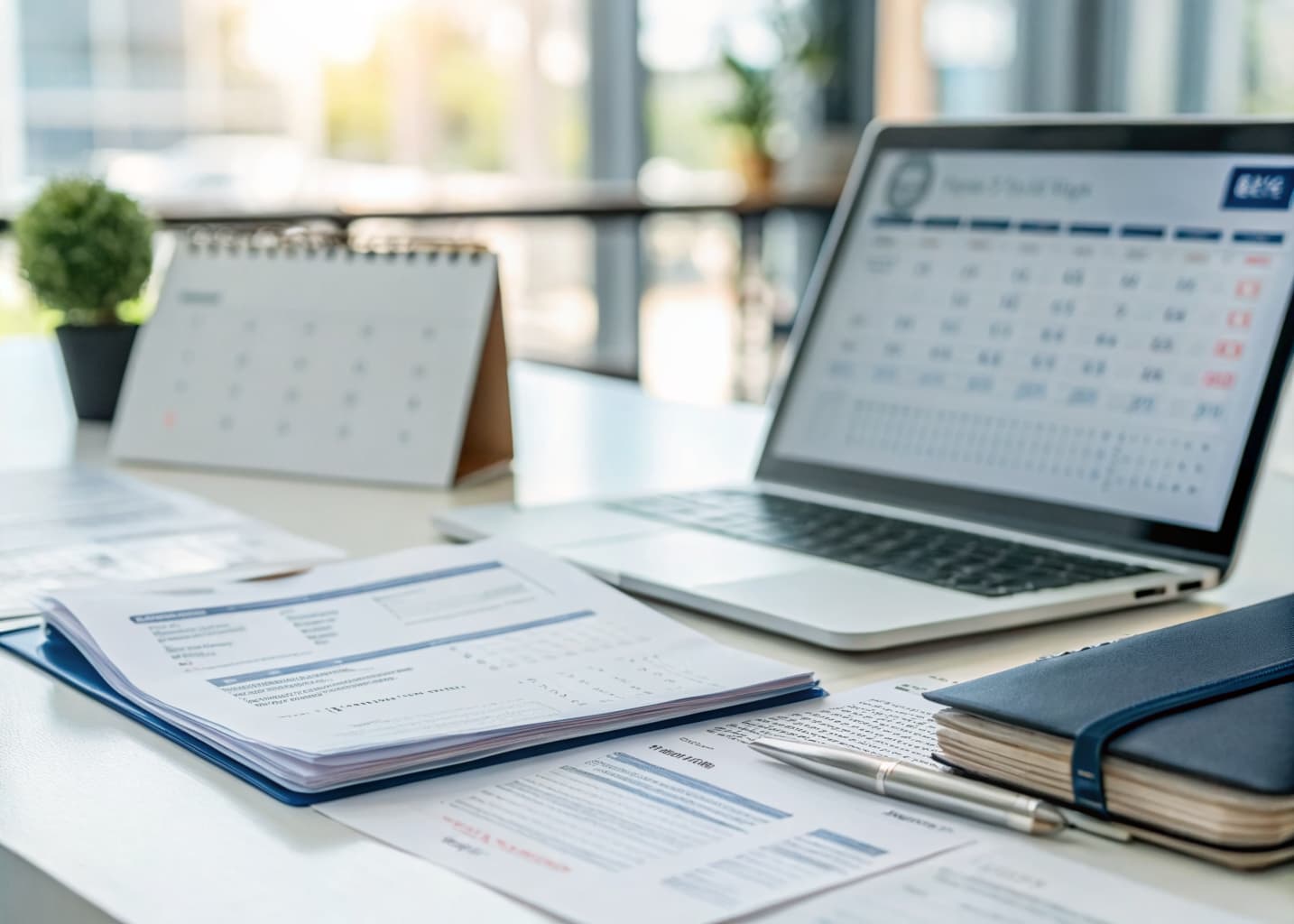 Payroll documents and planner on an office desk
