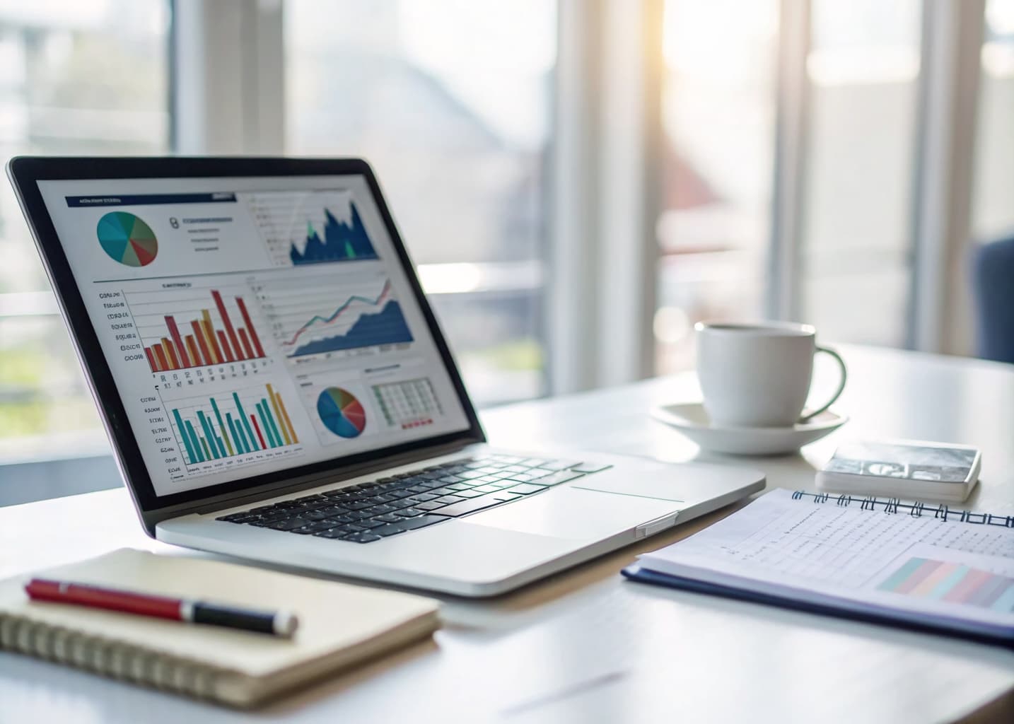 Laptop displaying accounting software charts and dashboards